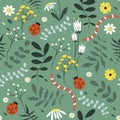 Cute seamless pattern with hand drawn flowers,  herbs and ladybirds in green tones. Royalty Free Stock Photo